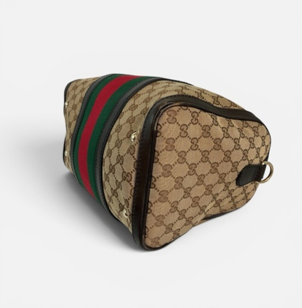Gucci Vintage Web Boston Bag Satchel Brown & Green USA SELLER - Picture 6 of 11